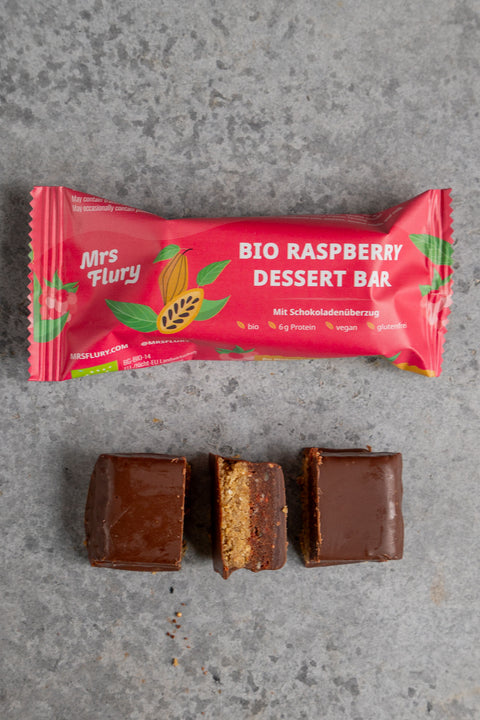 Bio Raspberry Dessert Bar 50 g Box 12 Stück fruchtig, schokoladig, natürlich gut
