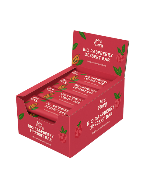 Bio Raspberry Dessert Bar 50 g Box 12 Stück fruchtig, schokoladig, natürlich gut