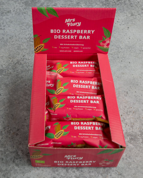 Bio Raspberry Dessert Bar 50 g Box 12 Stück fruchtig, schokoladig, natürlich gut